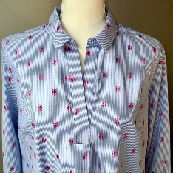 Kenar Cotton Popover Blouse Bell Sleeves Blue White Stripes Lightweight Large - Picture 3 of 10